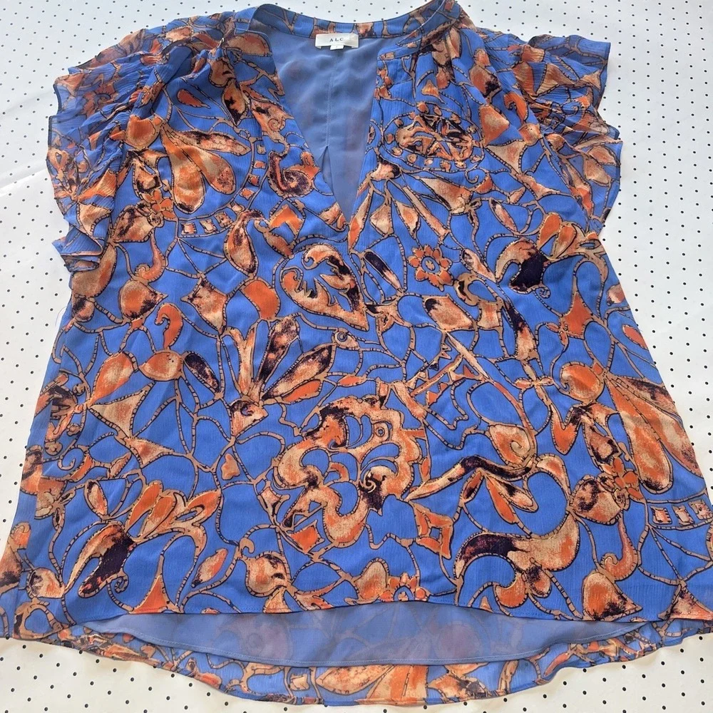 A.L.C. 100% Silk Ruffle Sleeve Blouse Size 2 Blue Orange Abstract Print Top - Picture 3 of 8